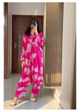 Feather Printed 2pcs - shocking pink