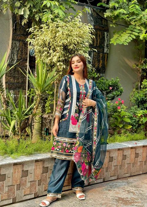 Agha Embroidered 3pcs - teal